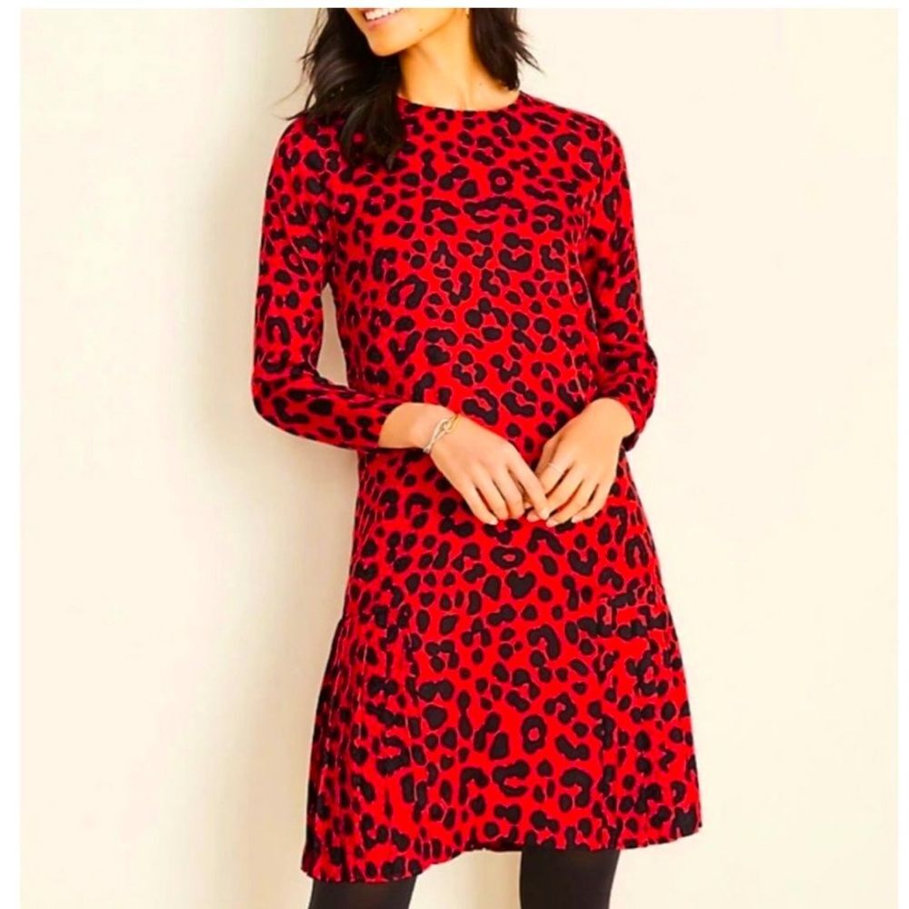 Ann Taylor Red Black Leopard Print Long Sleeve Ruffle Hem Dress Size 6